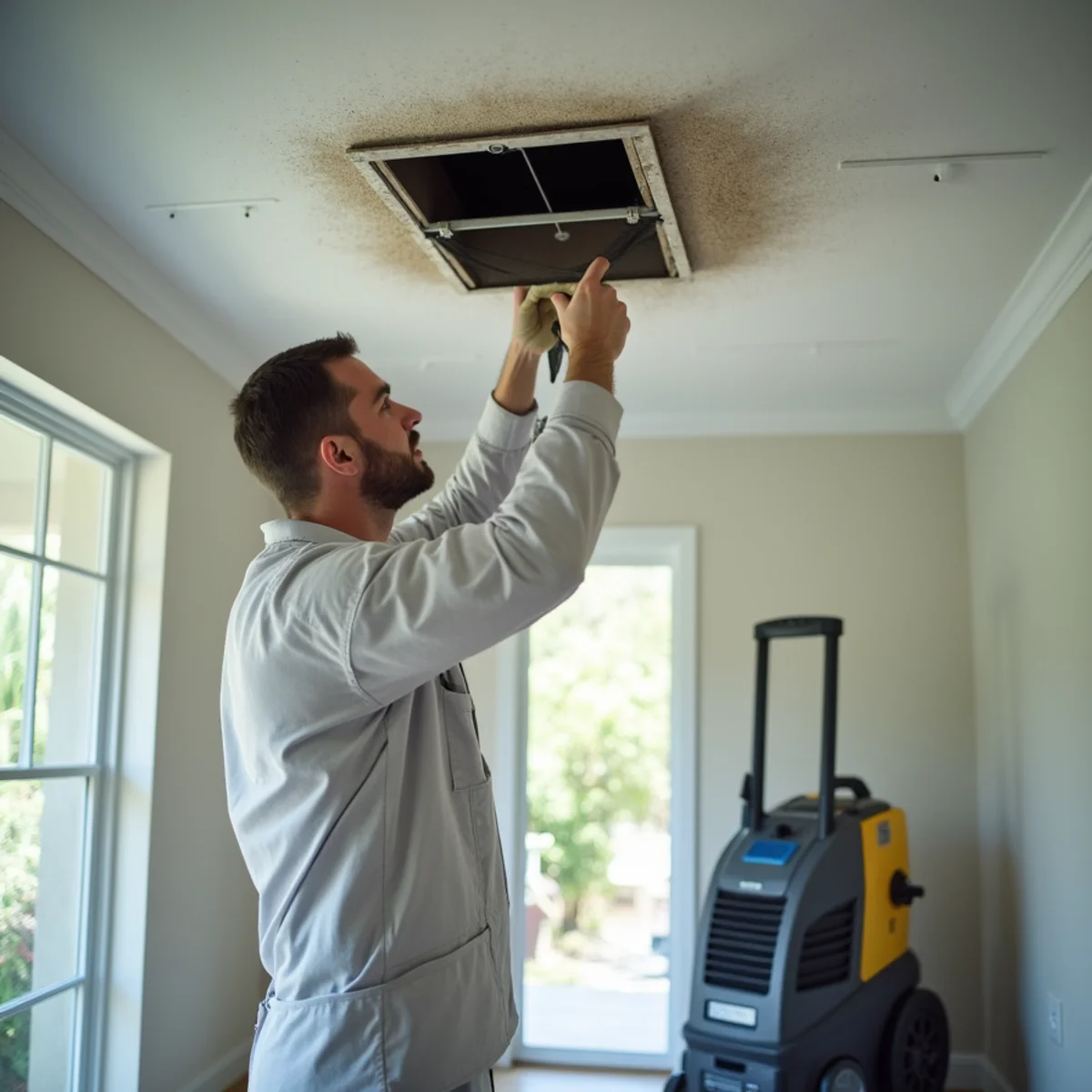 Technician cleaning mold and debris from an air duct system in a Doral home