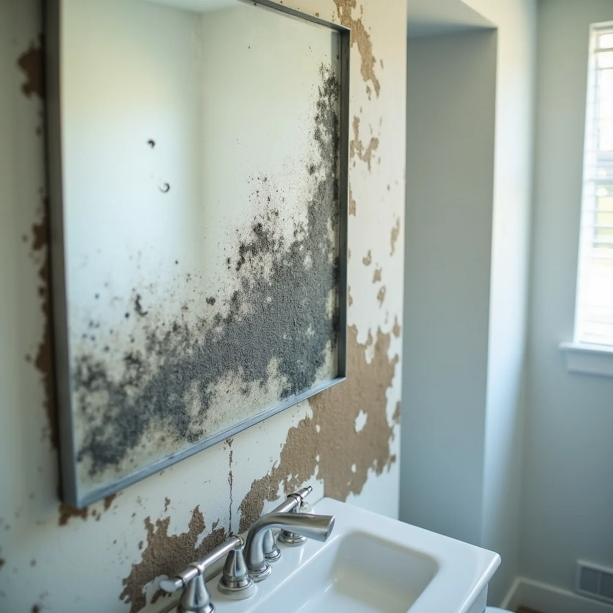 Close-up comparison of black mold and surface mildew on a bathroom wall in Coral Gables