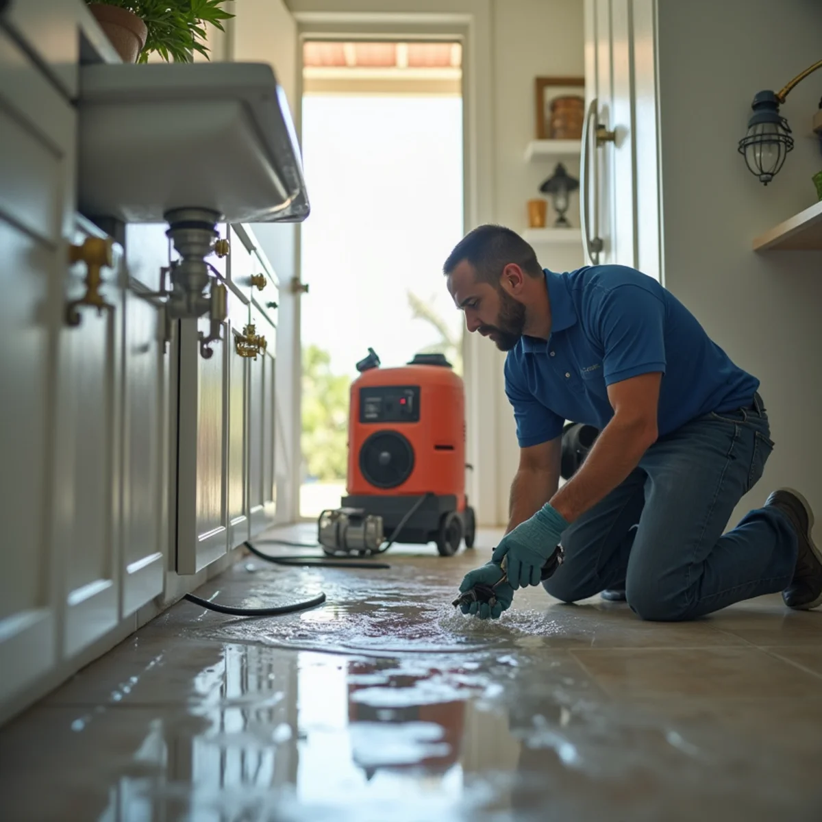 Water spraying from a burst pipe under a kitchen sink in a Hialeah home