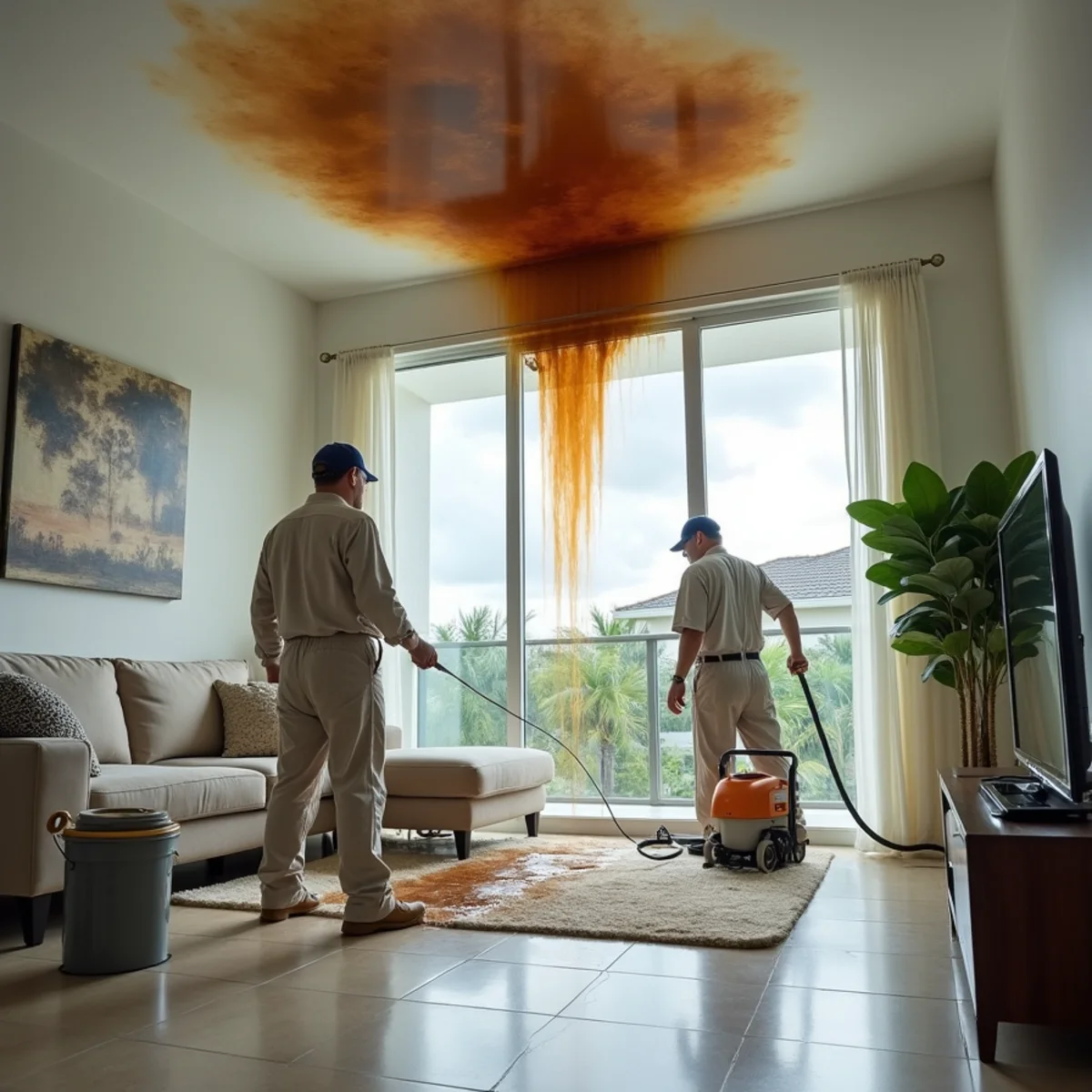 Water stain and sagging drywall on a ceiling after a storm in Miami Gardens