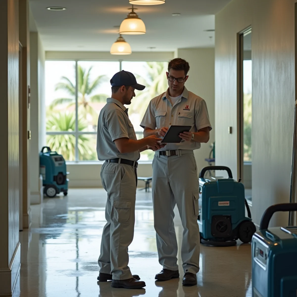 Property manager overseeing commercial water damage cleanup in a Doral office building