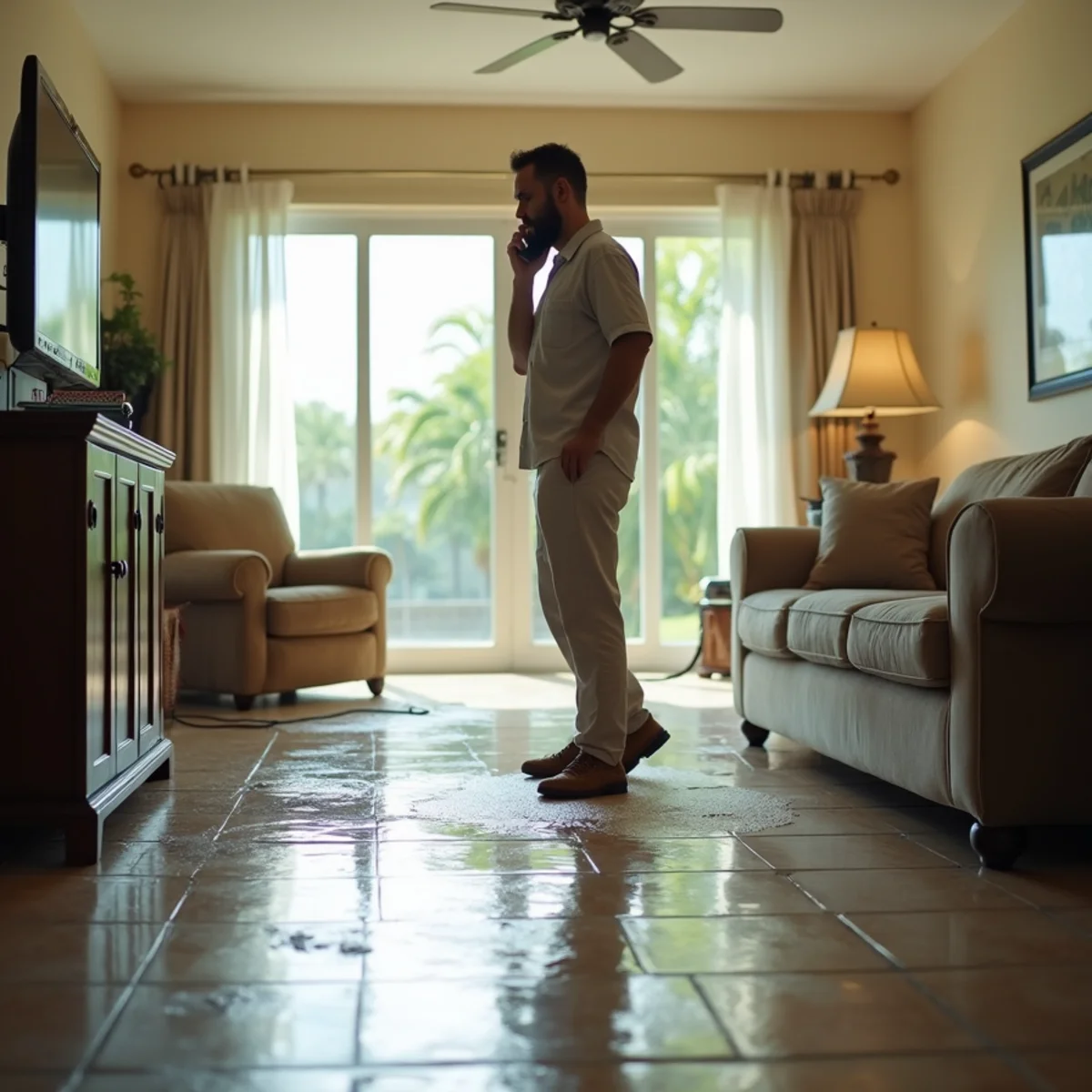 Homeowner standing in a flooded Miami living room with standing water on tile floor