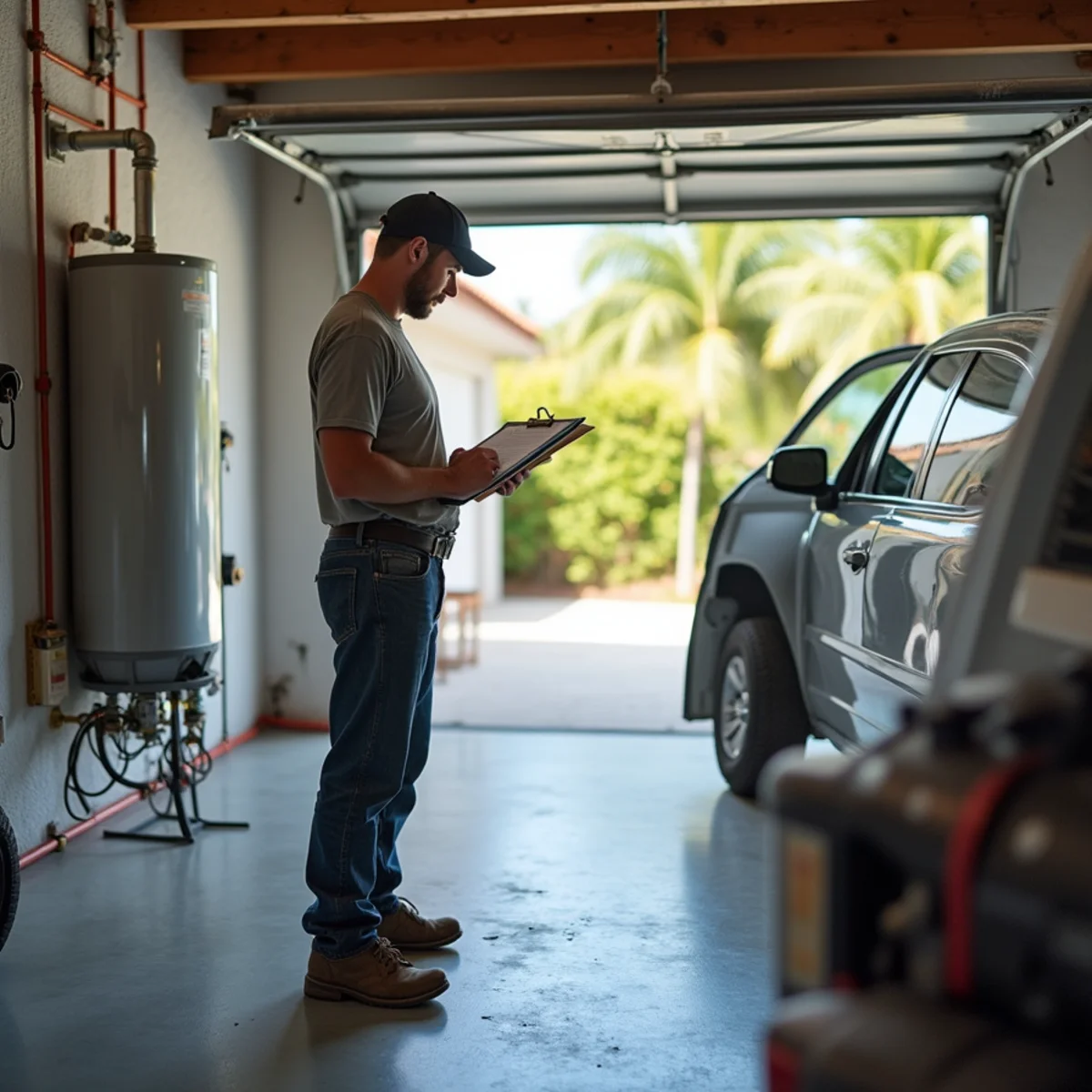 Homeowner inspecting a water heater and shutoff valve in a Pembroke Pines home