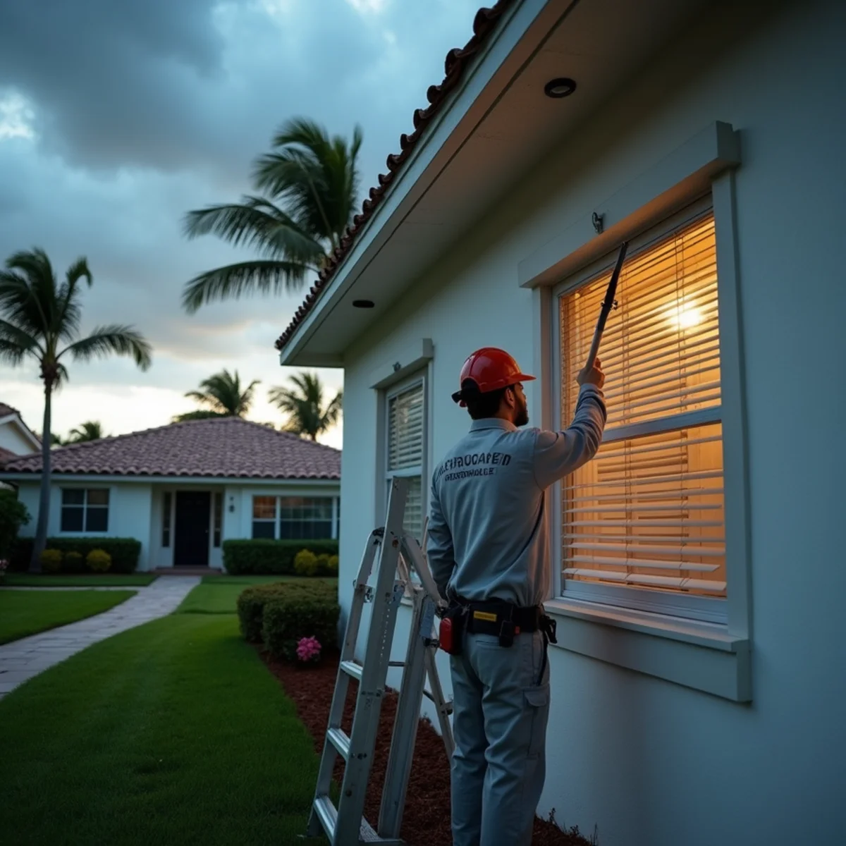 Homeowner installing storm shutters to prepare a Homestead home for hurricane season