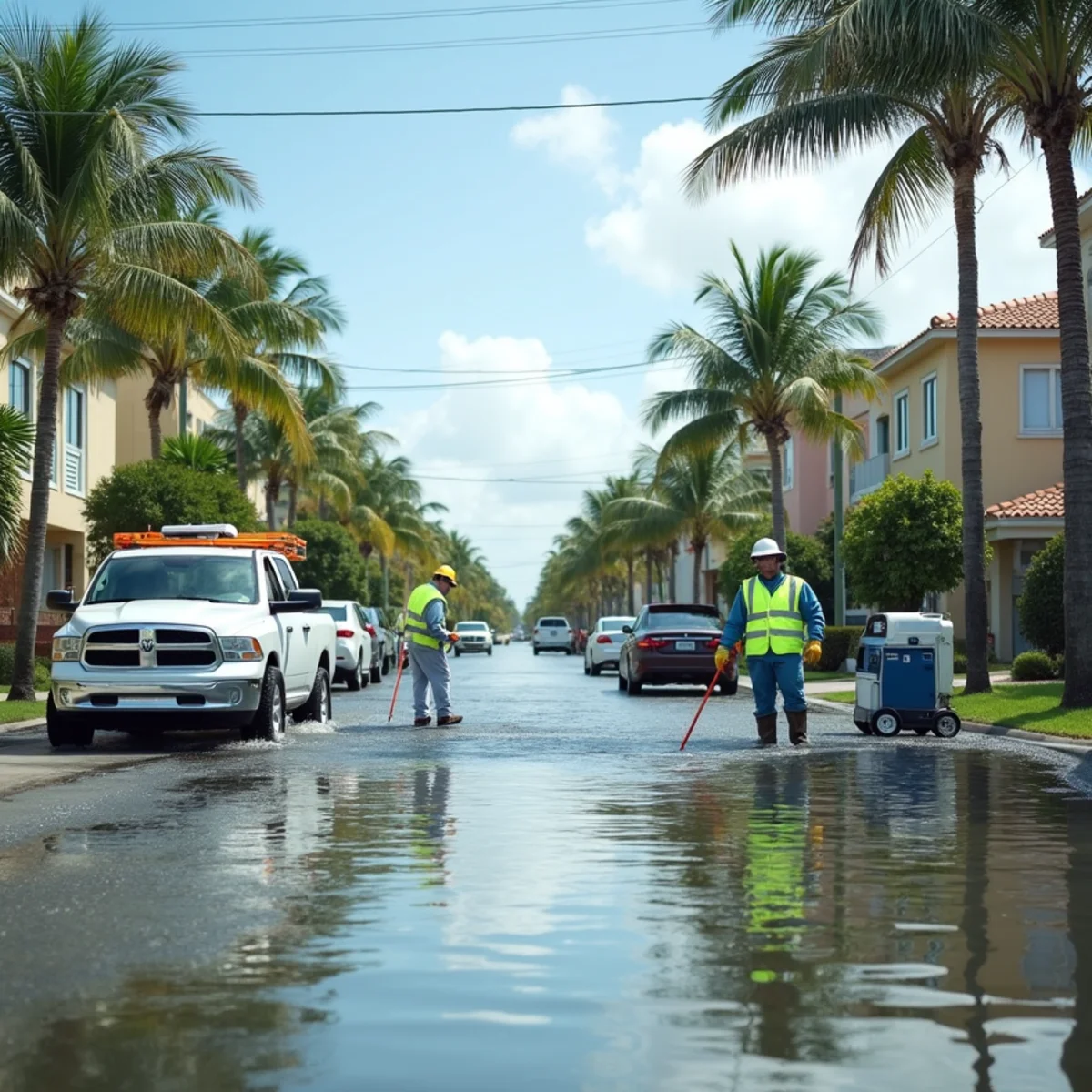 King tide flooding a residential street near the water in Miami Beach on a sunny day