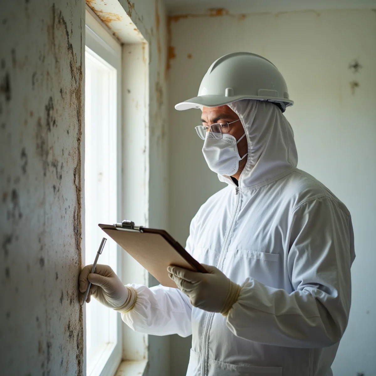Certified technician in protective gear performing mold remediation in a Plantation home