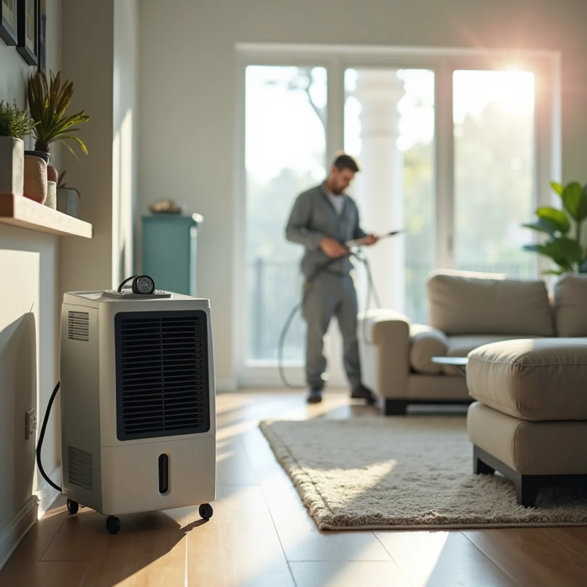 Dehumidifier and hygrometer controlling indoor humidity in a Miami-Dade County home