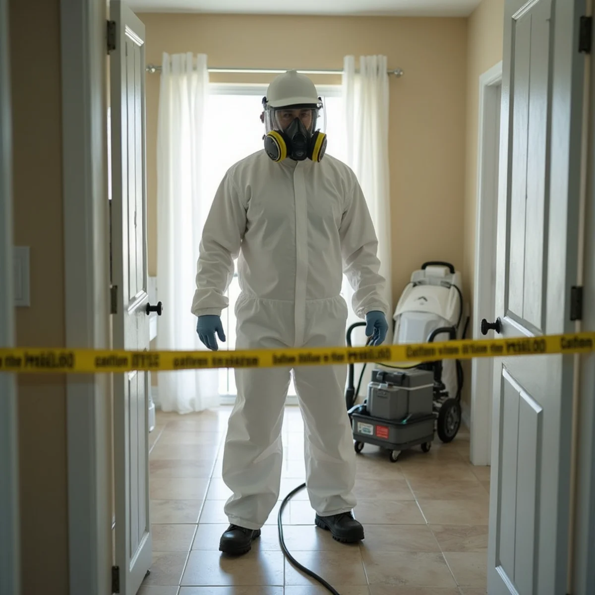 Technician in full protective gear cleaning a sewage backup in a Hialeah home