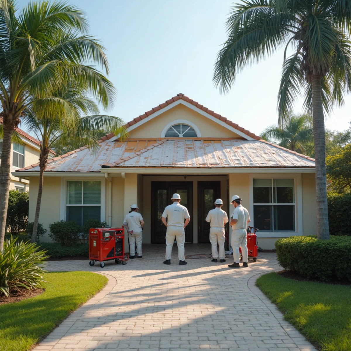 Restoration crew tarping a storm-damaged roof and drying a home in Cutler Bay