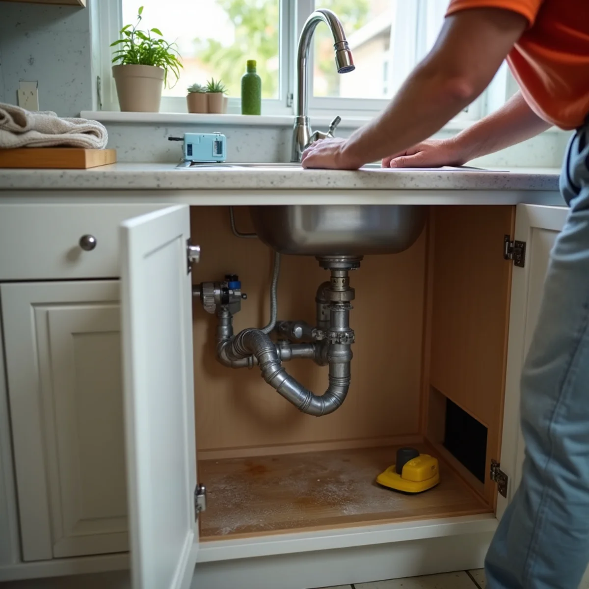 Technician cleaning up water from a burst pipe under a Miami kitchen sink