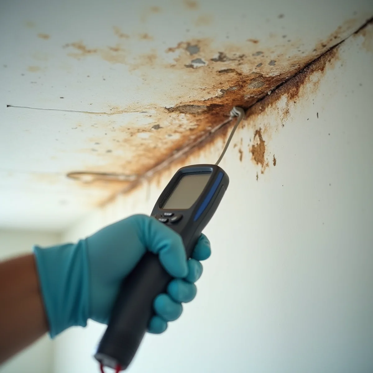 Water-stained ceiling from a roof leak being inspected in a Miami home
