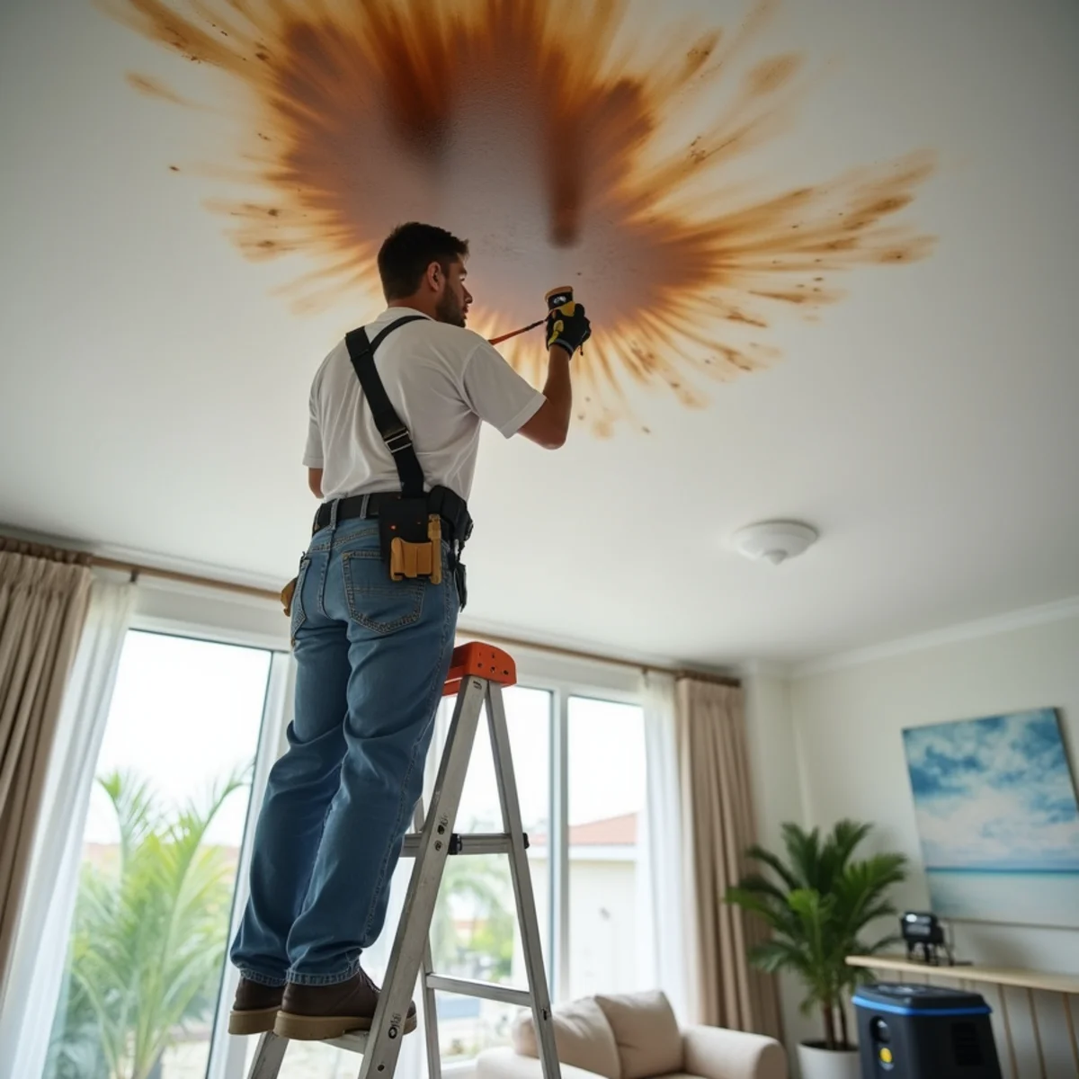 Water-stained and sagging ceiling being assessed for leak damage in a Miami home