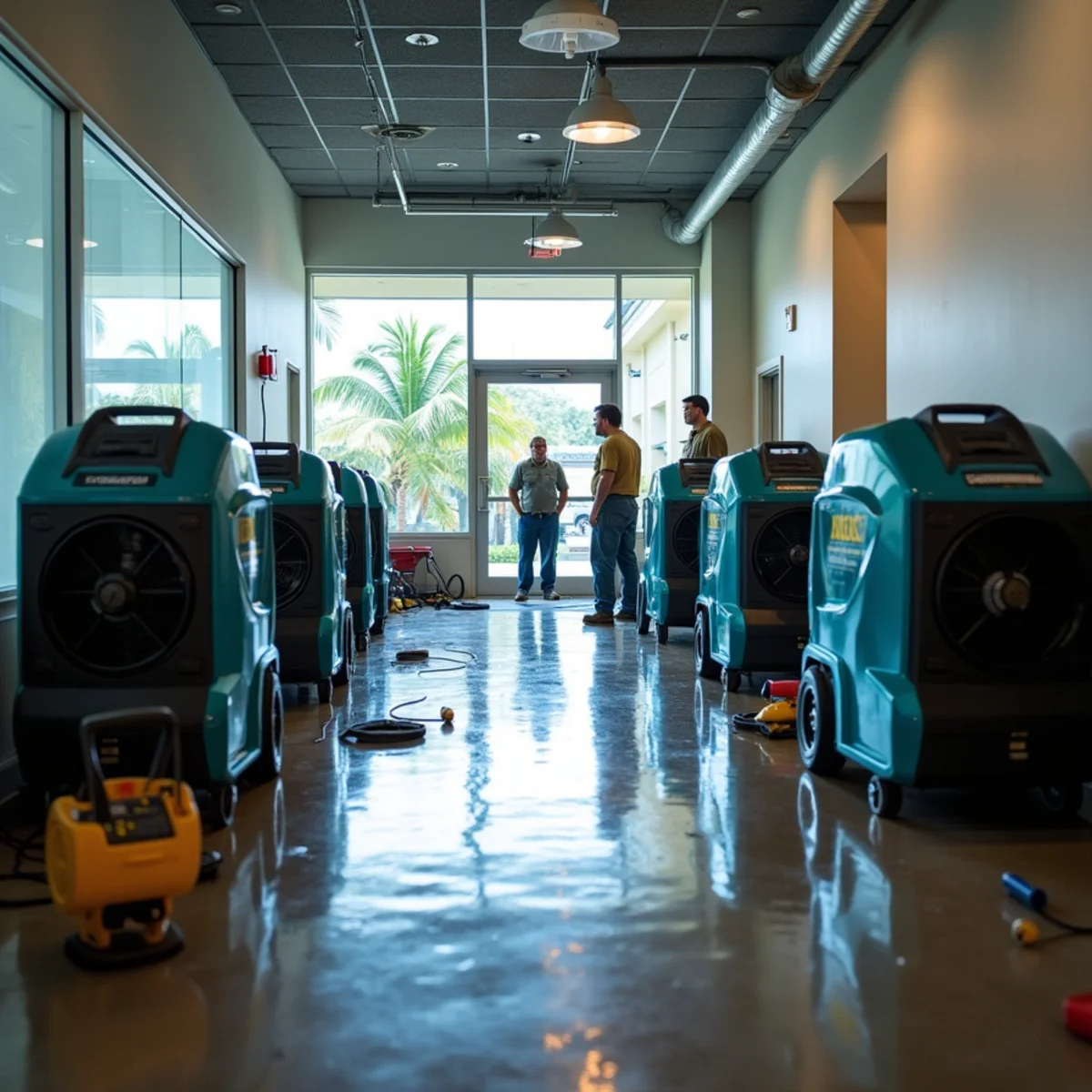 Ultra Mold crew performing commercial water damage restoration in a Miami office building