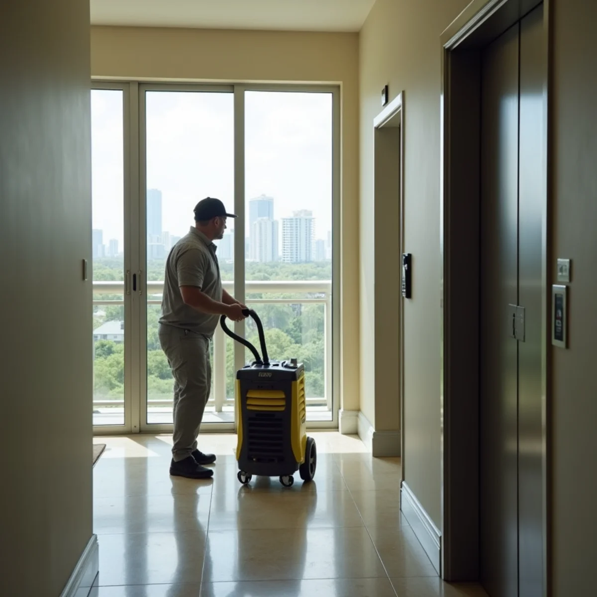 Restoration equipment staged in a Miami high-rise condo hallway