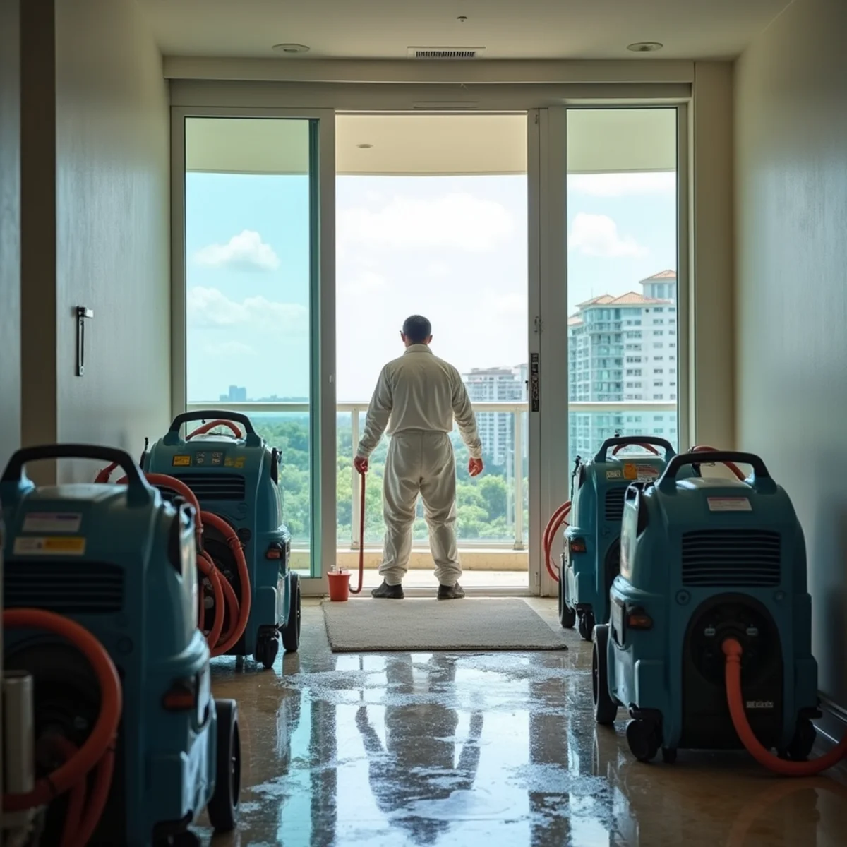 Ultra Mold technician coordinating water damage restoration in a Miami high-rise condo