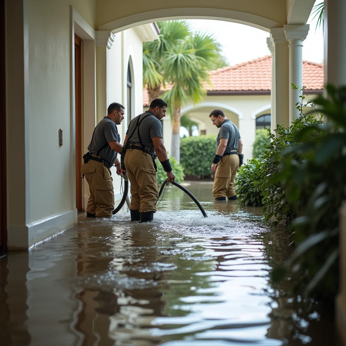 Emergency flood extraction crew pumping water from a flooded Miami-Dade property