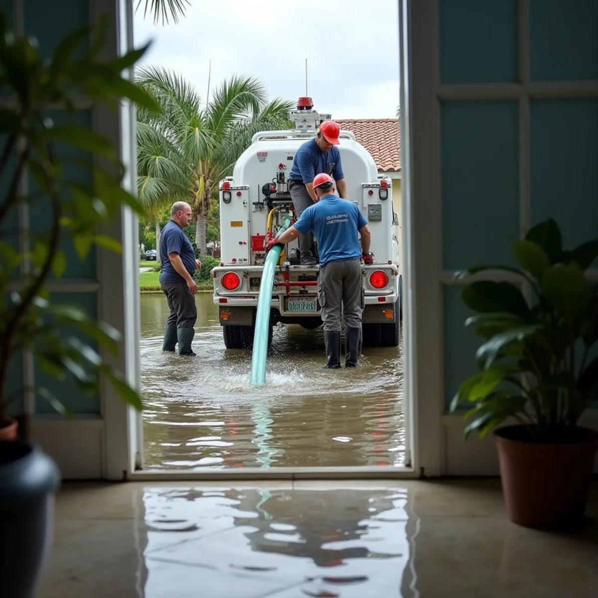 Ultra Mold emergency crew extracting rising floodwater from a Miami home at night