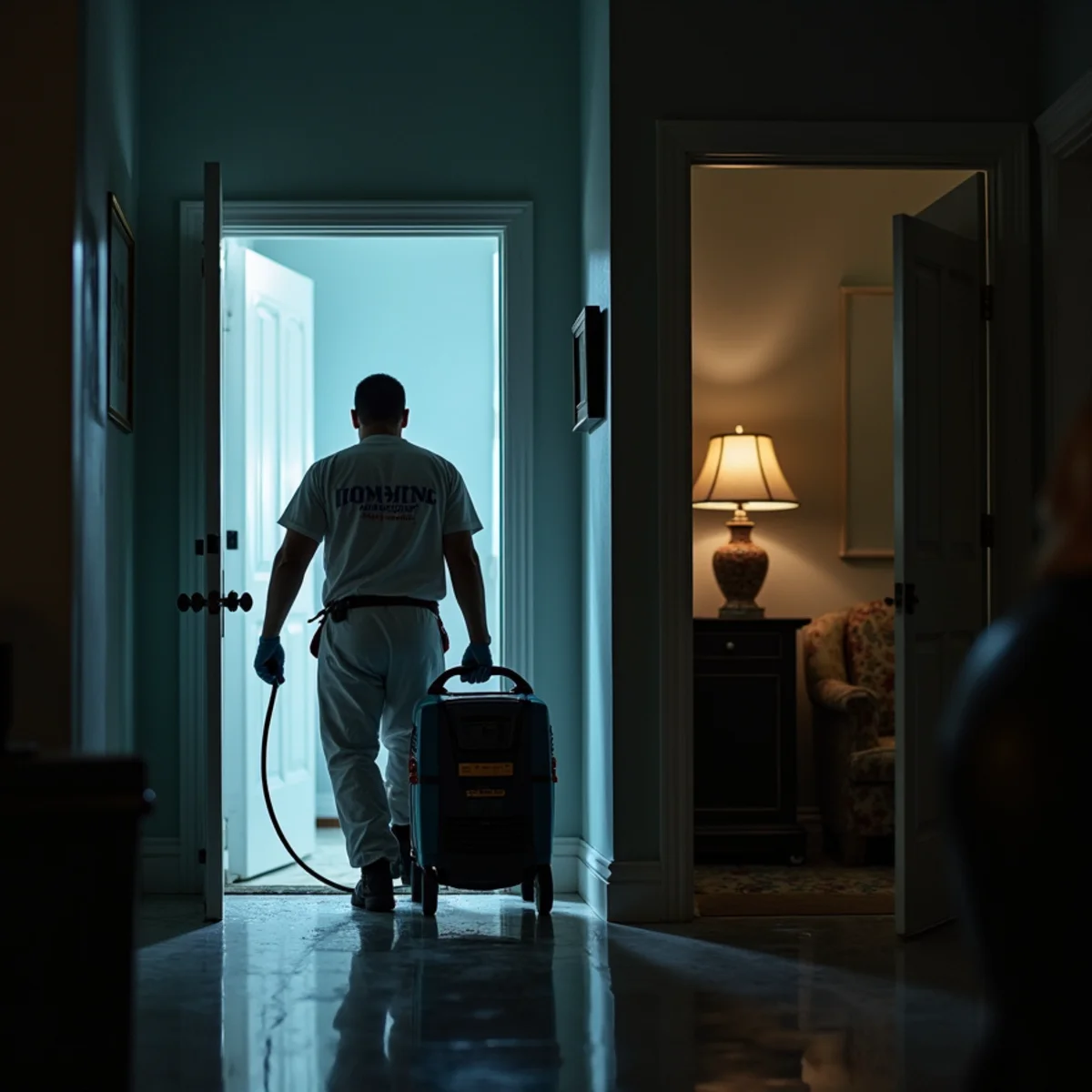 Ultra Mold emergency water damage crew responding to a Miami home at night