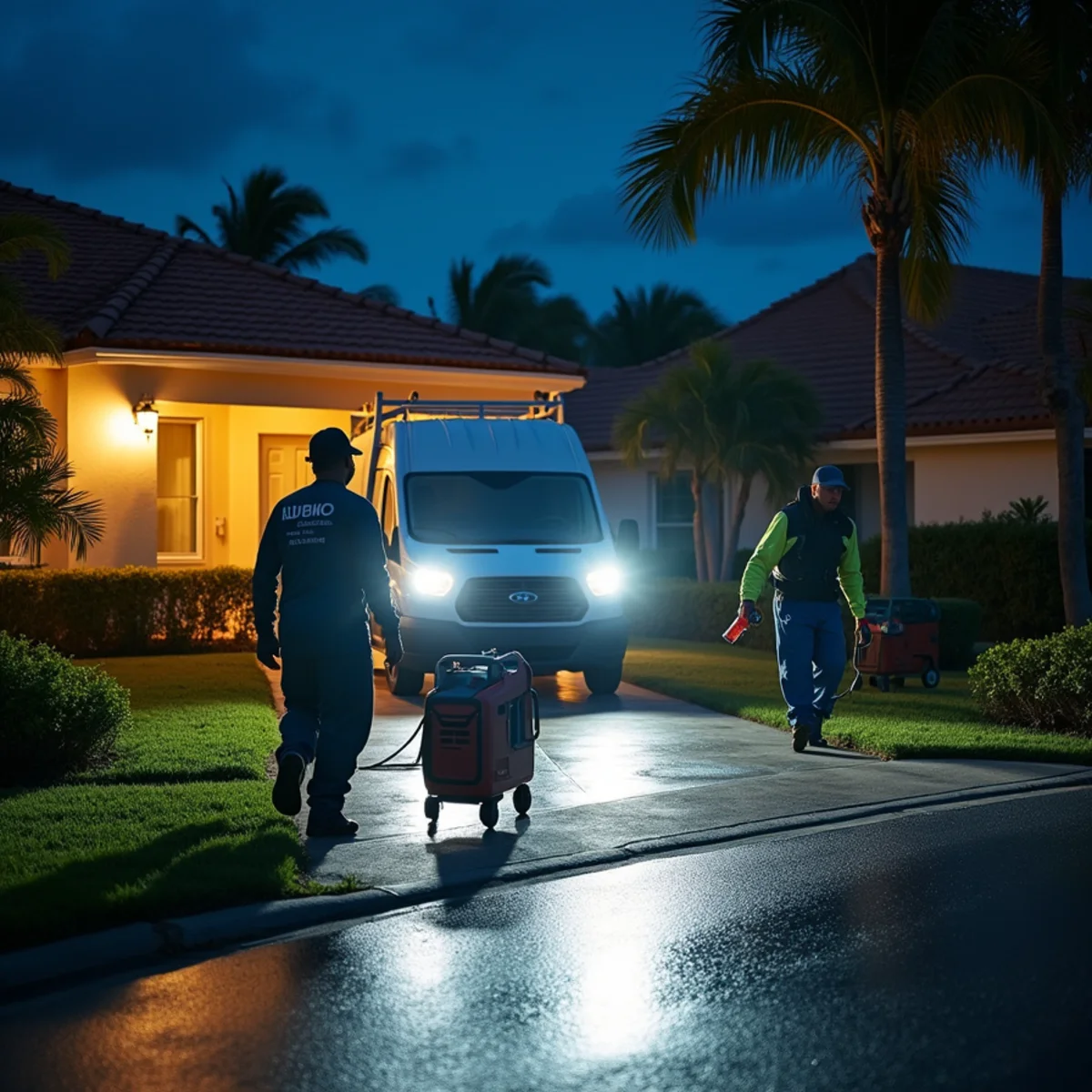 Ultra Mold emergency crew arriving at night for a 24/7 water damage call in Miami