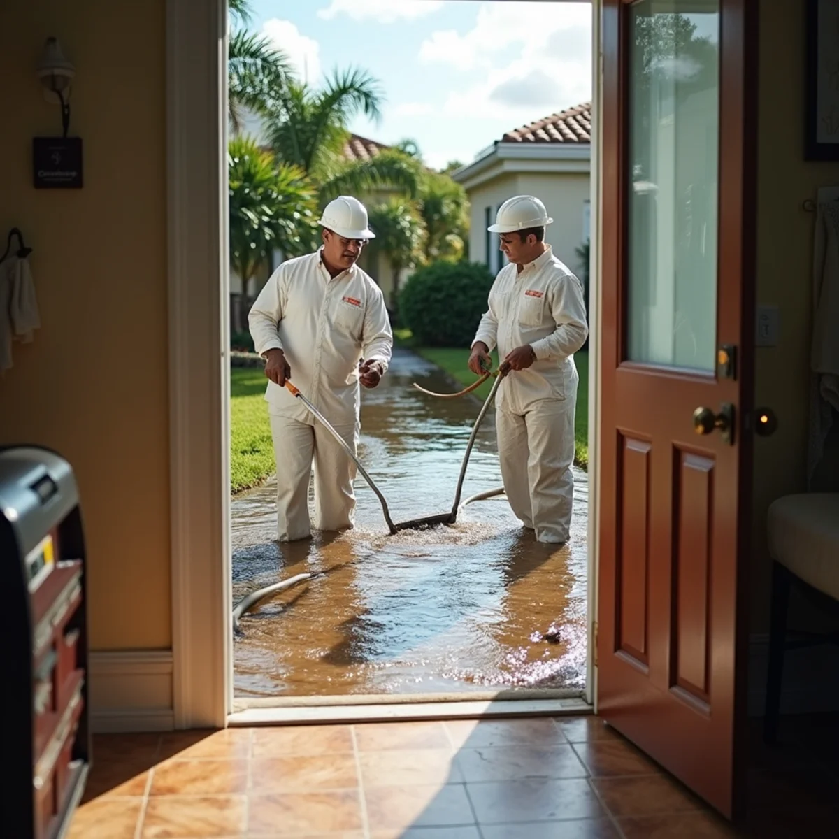 Crew removing storm flood water from a South Florida home during flood cleanup