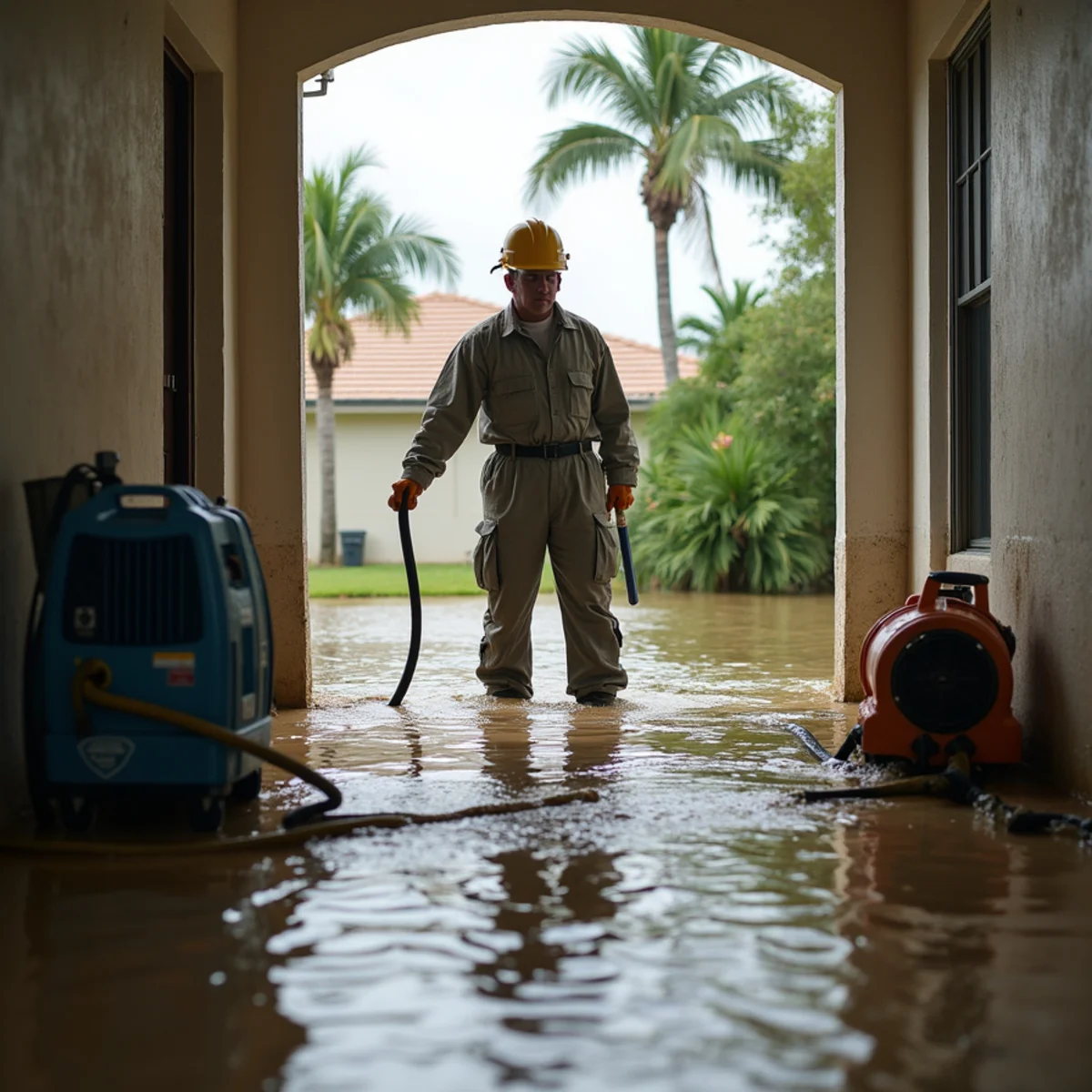 Ultra Mold crew extracting floodwater from a ground-floor Miami home after a storm