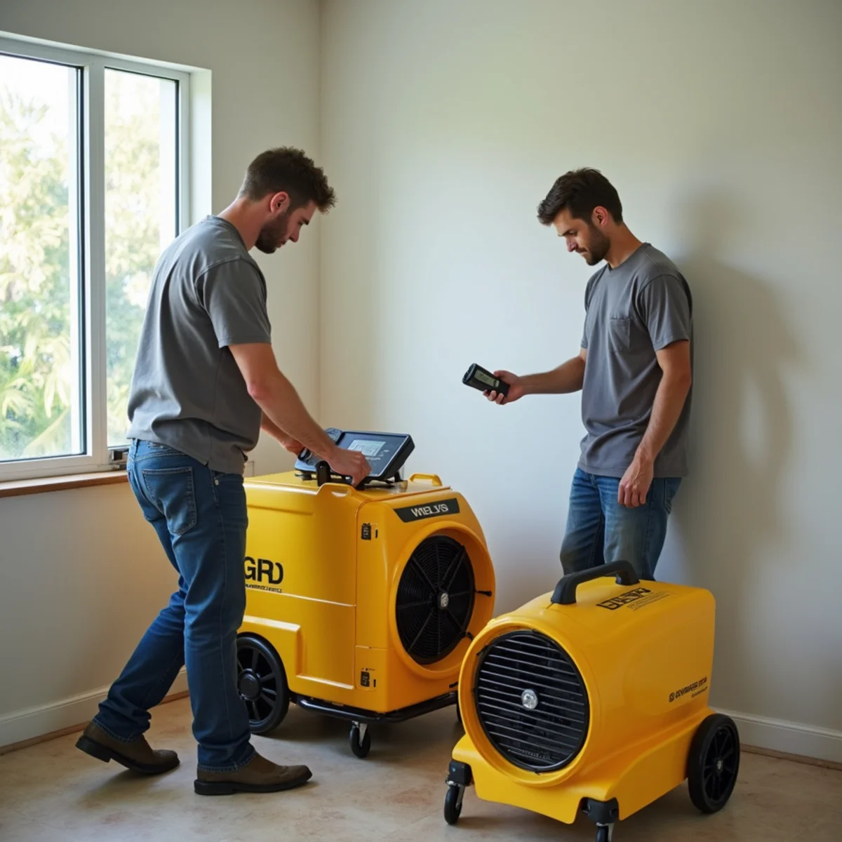 Ultra Mold IICRC-certified technicians drying a water-damaged Miami property with air movers and dehumidifiers
