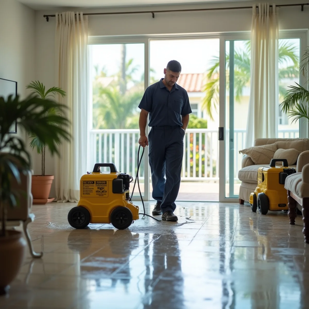 Ultra Mold water damage restoration technician extracting water from a flooded Miami, FL home