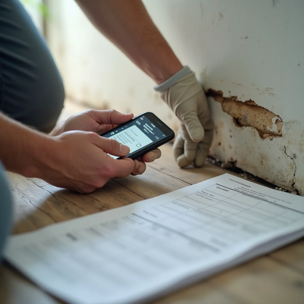 Technician photographing and documenting water damage for a Miami insurance claim