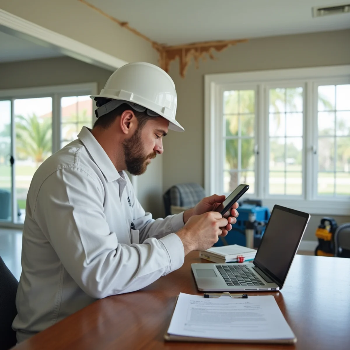 Ultra Mold technician documenting water damage with photos for a Miami insurance claim