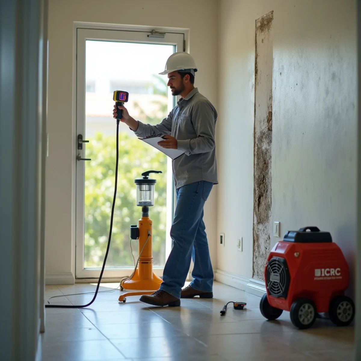 Ultra Mold inspector using a moisture meter and thermal camera during a mold inspection in Miami