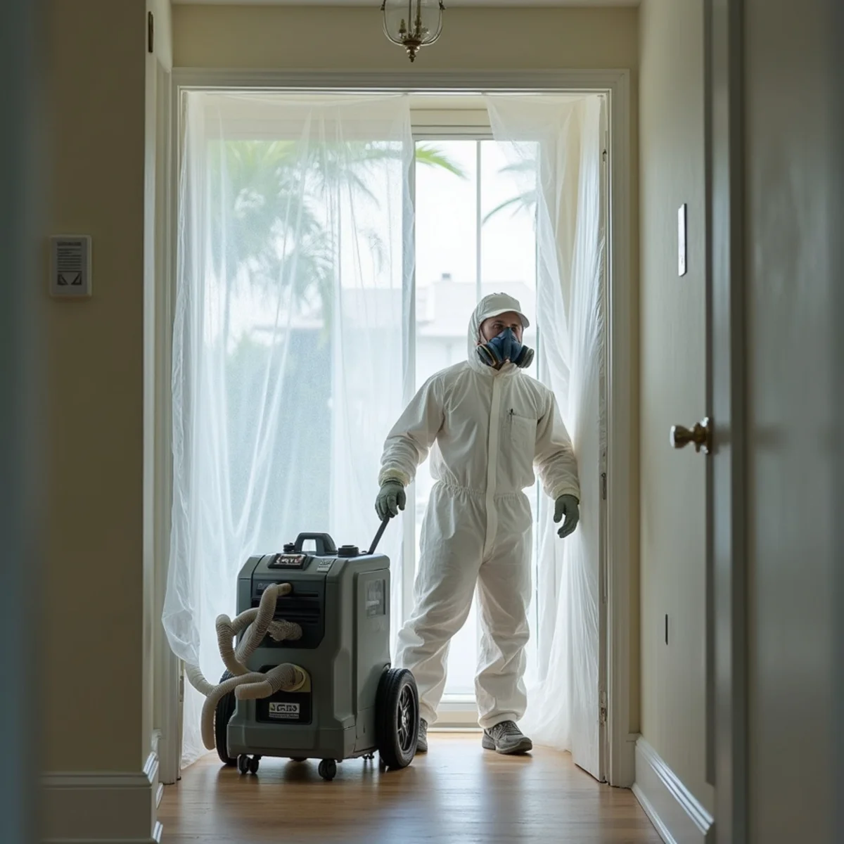 Ultra Mold technician in protective gear setting up containment for mold remediation in a Miami property