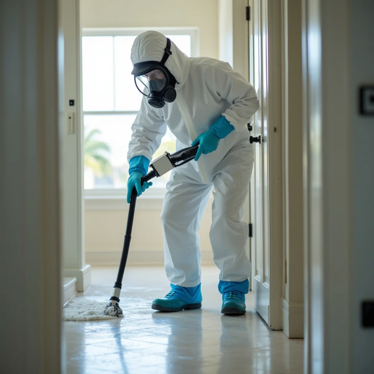 Technician in full protective gear performing sewage cleanup in a Miami home