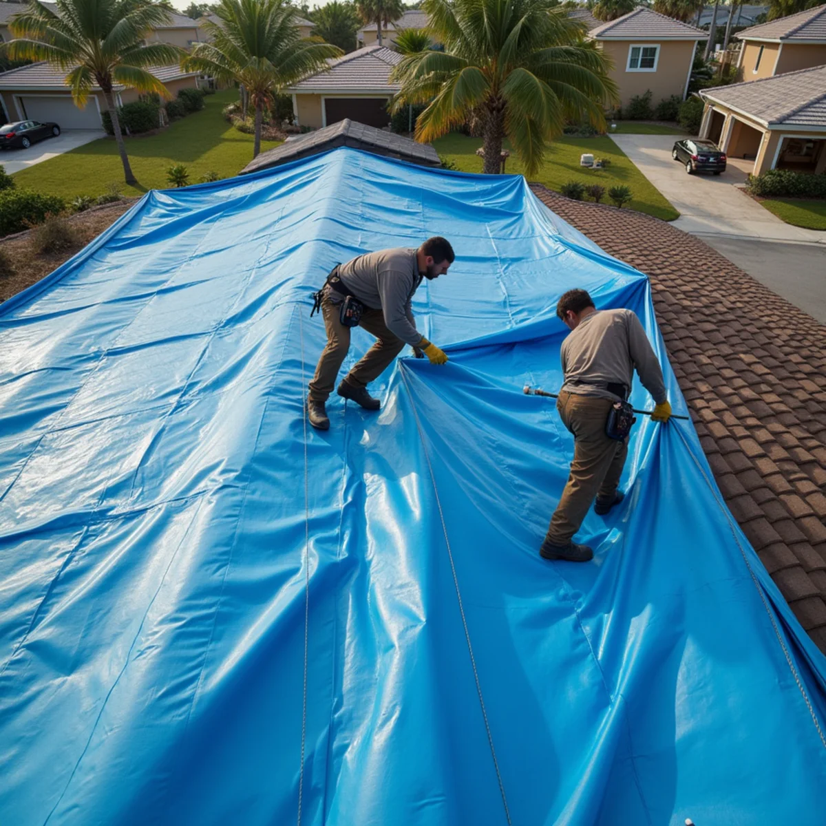 Crew tarping a storm-damaged roof on a South Florida home after a hurricane