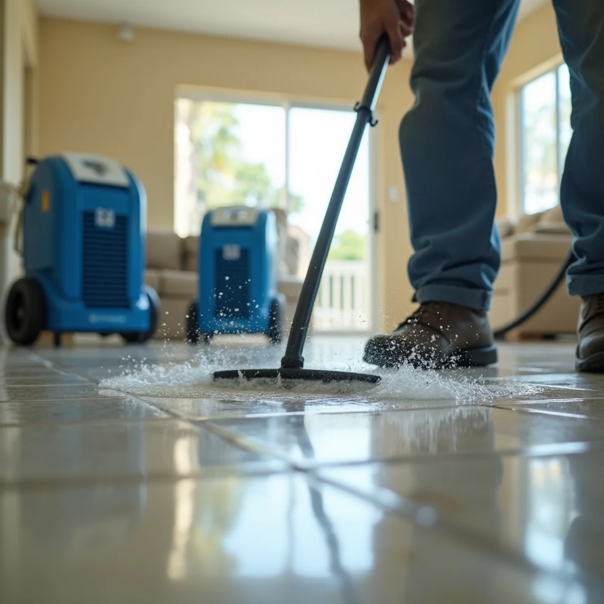 Ultra Mold technician extracting standing water from a flooded Miami living room