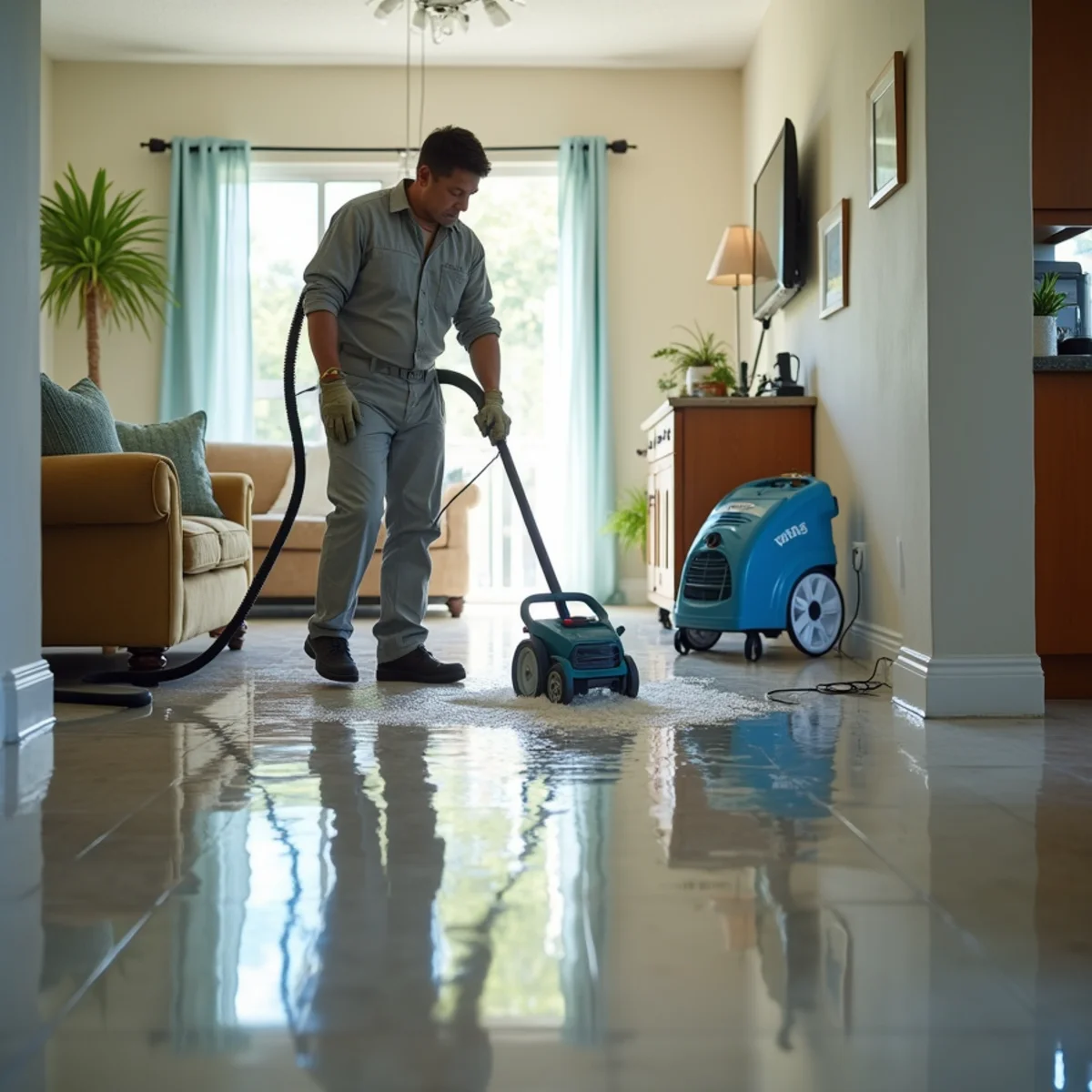 Ultra Mold technician using a moisture meter during water damage restoration in a Miami home