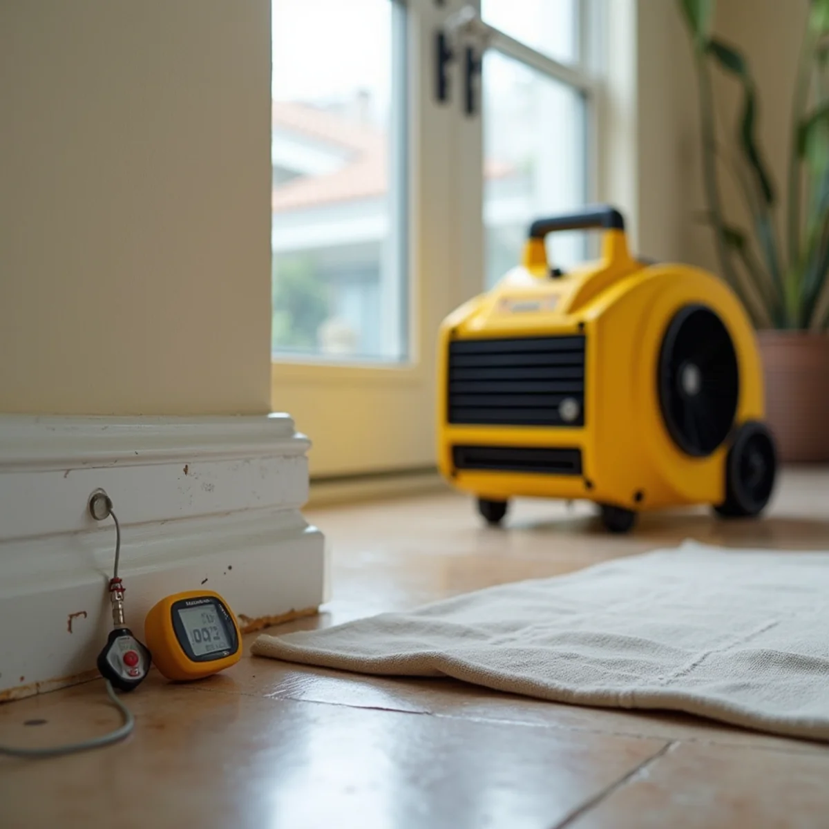 Air movers and a dehumidifier drying a water-damaged Miami floor